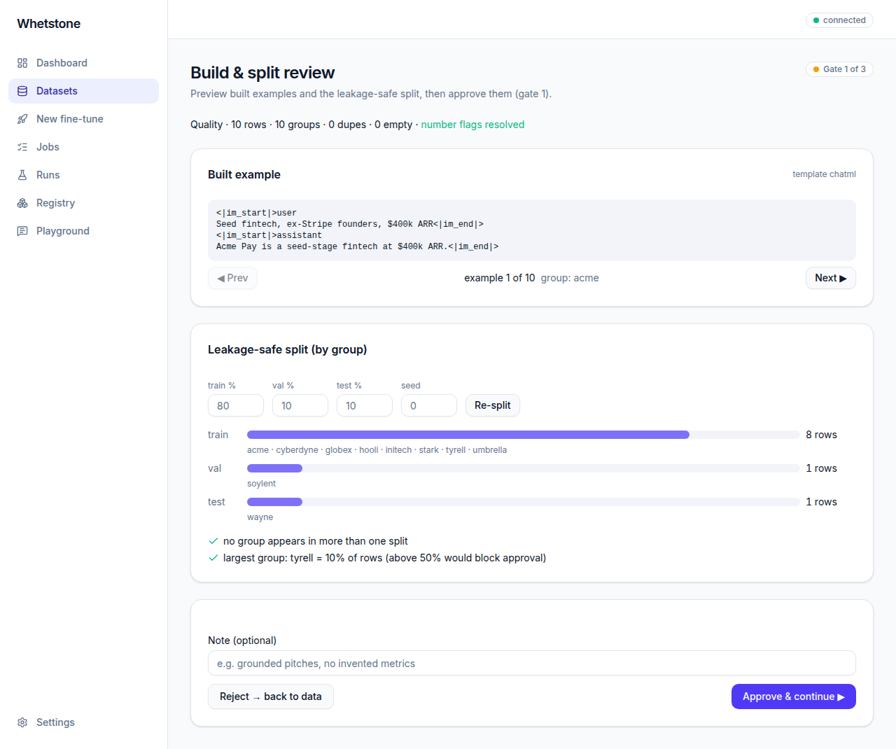 Build and split review: a built training example, the train, validation and test split bars, and the approve button.