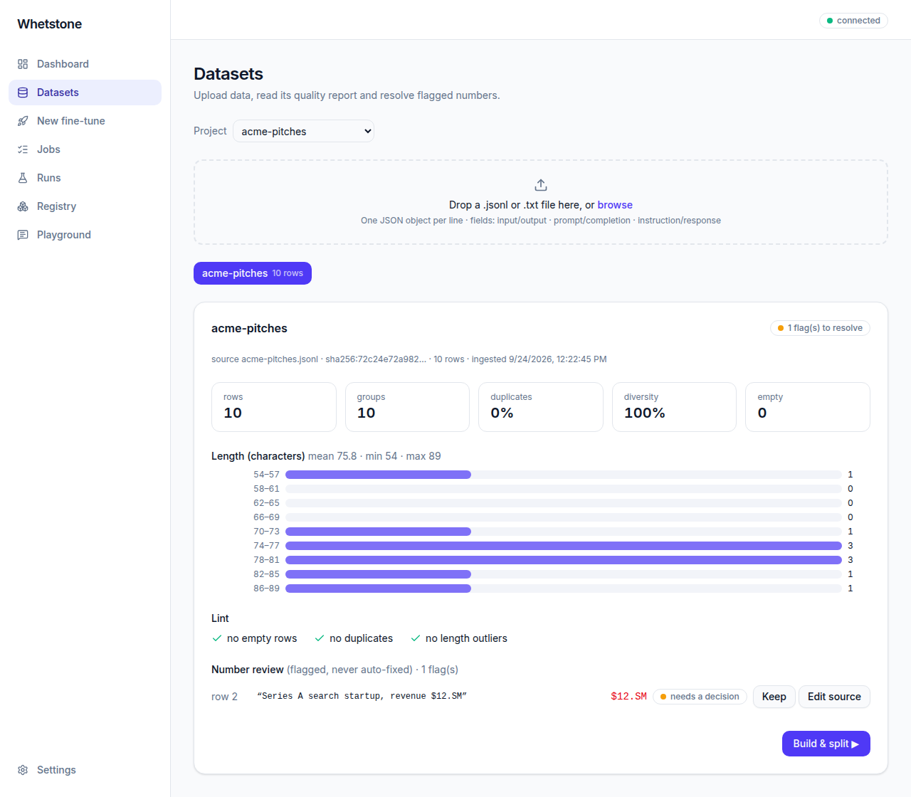 Datasets screen: upload area, quality tiles, length histogram, lint checks and the number-review queue.