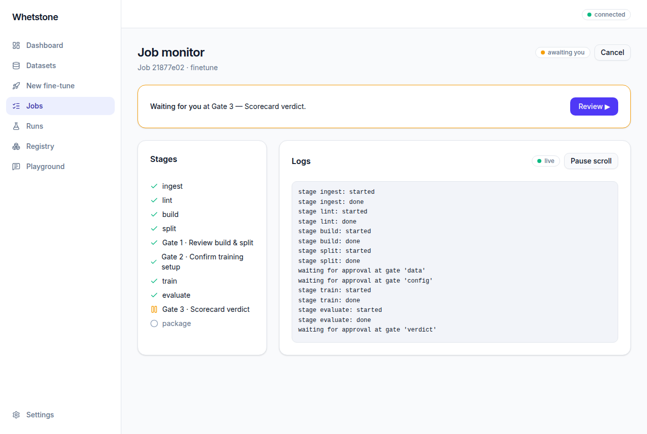 Job monitor with the pipeline stages and a live log.