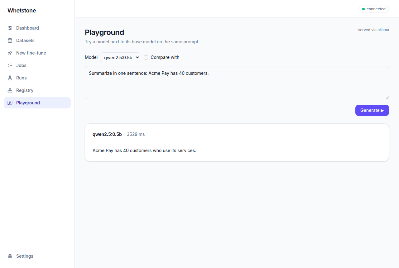 Playground with a prompt, a model answer and its response time.