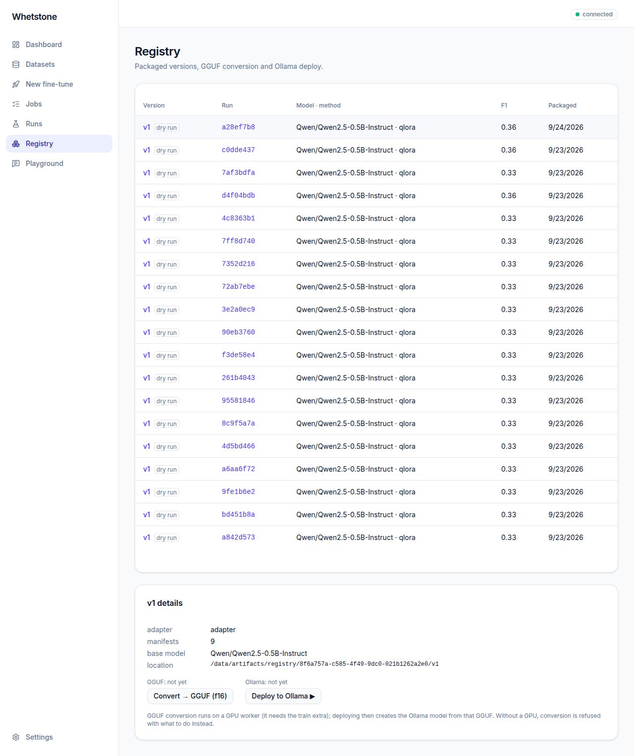 Registry screen listing a packaged version with its details.