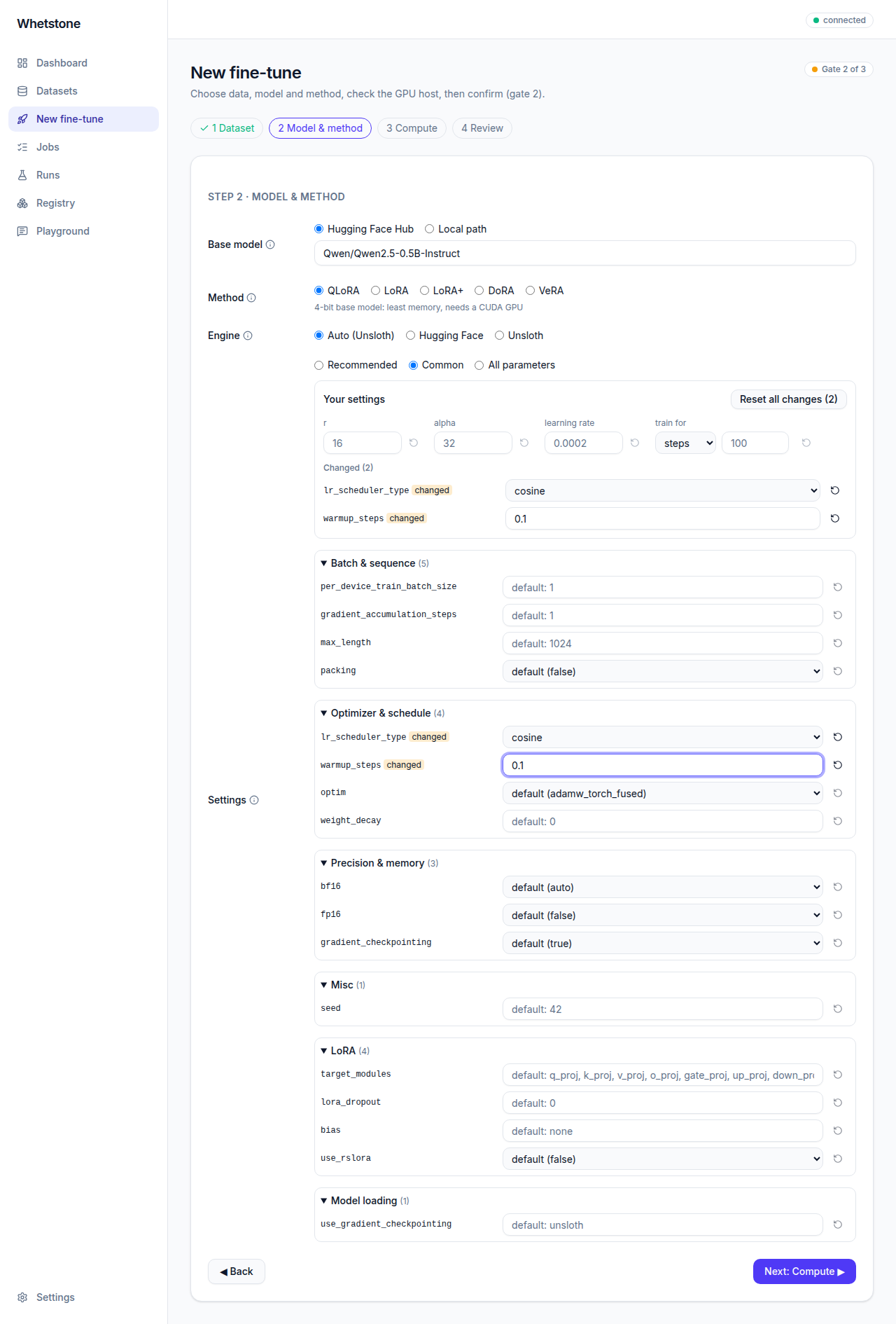 The new fine-tune wizard showing Your settings with changed parameters on top, and grouped, searchable parameters below.